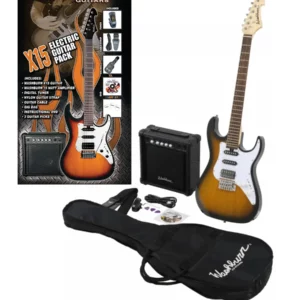 PACK DE GUITARRA ELÉCTRICA STRATOCASTER AFINADOR CORREA AMPLIFICADOR FUNDA PLECCTROS CABLE TABACO WASHBURN X15TSPAKEAU